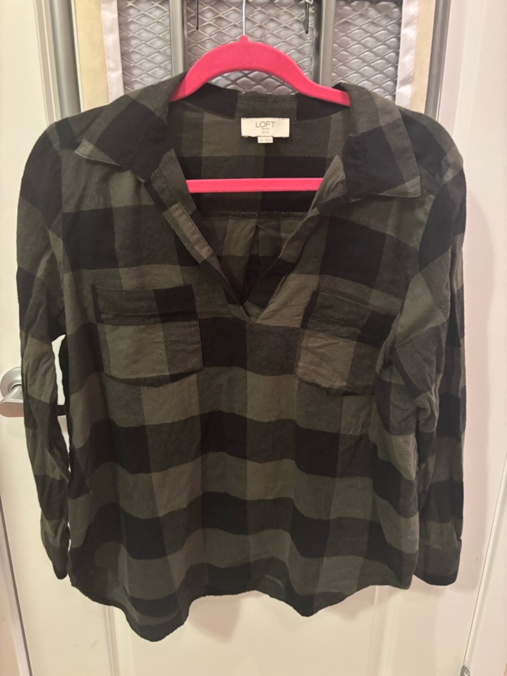 LOFT Olive and Black Plaid Popover Blouse